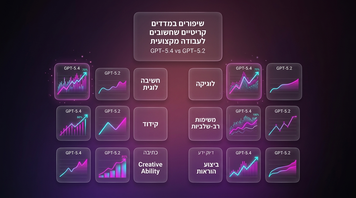 GPT‑5.4 vs GPT‑5.2 שיפורים במדדים קריטיים שחשובים לעבודה מקצועית. אני רוצה שתשמש בתמונה שצירפתי לך רק בשביל הסגנון
