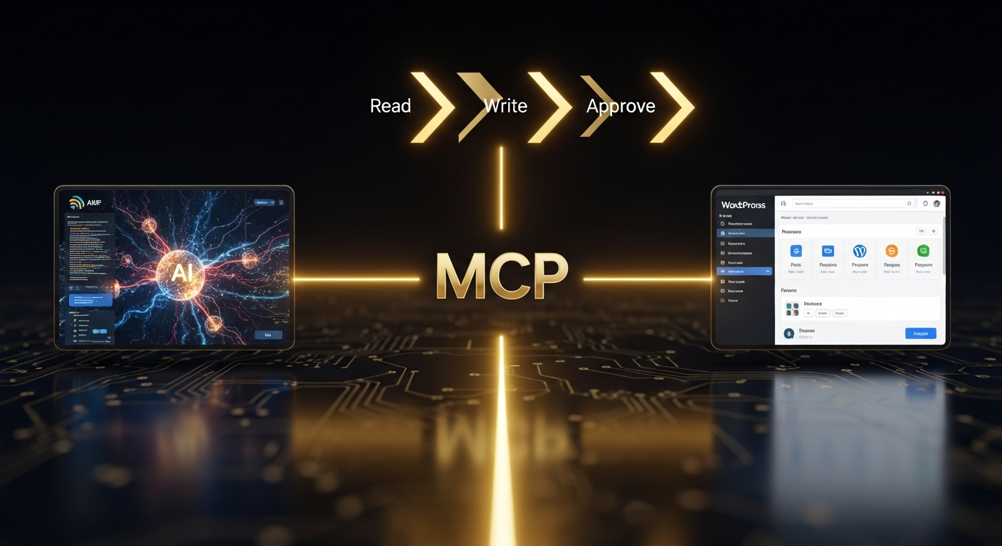 תמונה שמציגה חיבור בין כלי AI חיצוני לבין אתר WordPress דרך MCP, עם נתיב ברור של קריאה, כתיבה ואישור. עם זהב