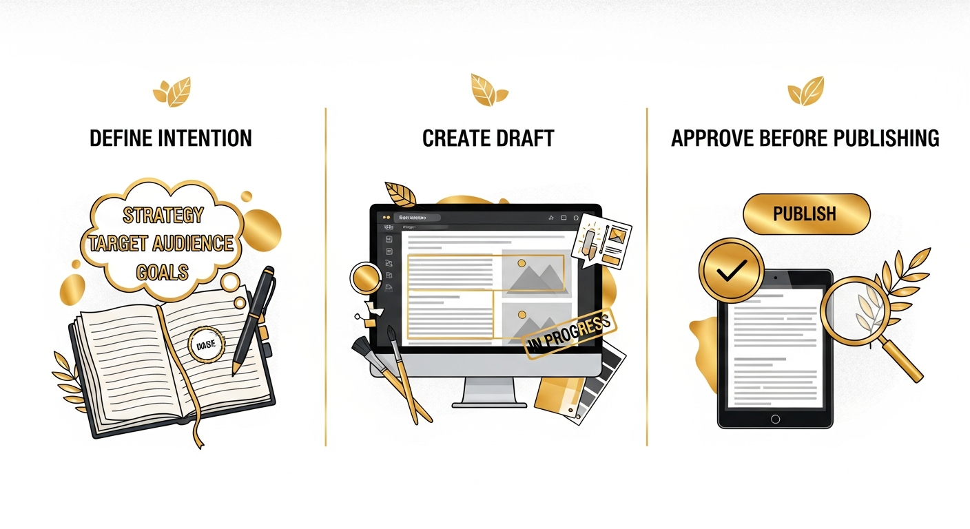 תמונה שממחישה תהליך עבודה בשלושה שלבים: הגדרת כוונה, יצירת טיוטה, ואישור לפני פרסום באתר WordPress. עם זהב
