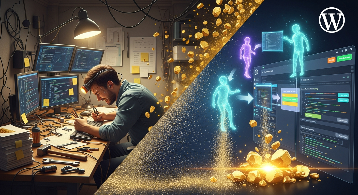 תמונה שמציגה השוואה ויזואלית ברורה בין תהליך ידני מסורבל לבין תהליך מואץ בעזרת סוכני AI ב-WordPress. עם זהב