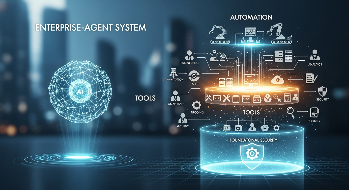 Generate an image based on: "תמונה שממחישה את המעבר ממודל בודד למערכת סוכנים ארגונית, עם שכבות של אבטחה, כלים ואוטומציה."