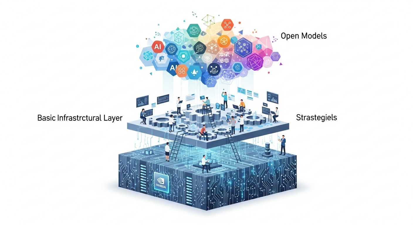 Generate an image based on: "תמונה שממחישה את ההבדל בין תשתית בסיסית, שכבת ארגון ומודלים פתוחים." תוסיף גם את הלוגו של NVIDIA