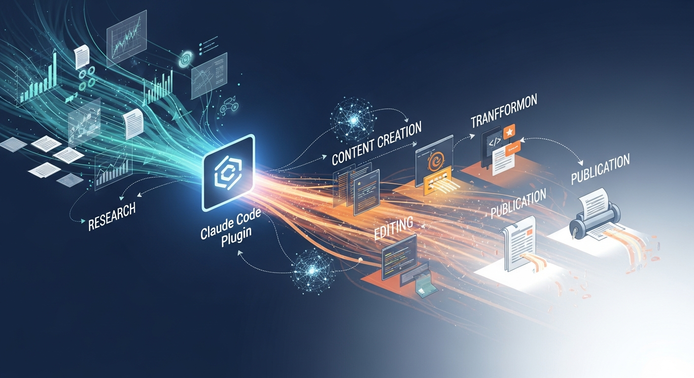 Generate an image based on: "תמונה שממחישה זרימת תוכן חכמה סביב Claude Code Plugin, ממחקר ועד פרסום."
