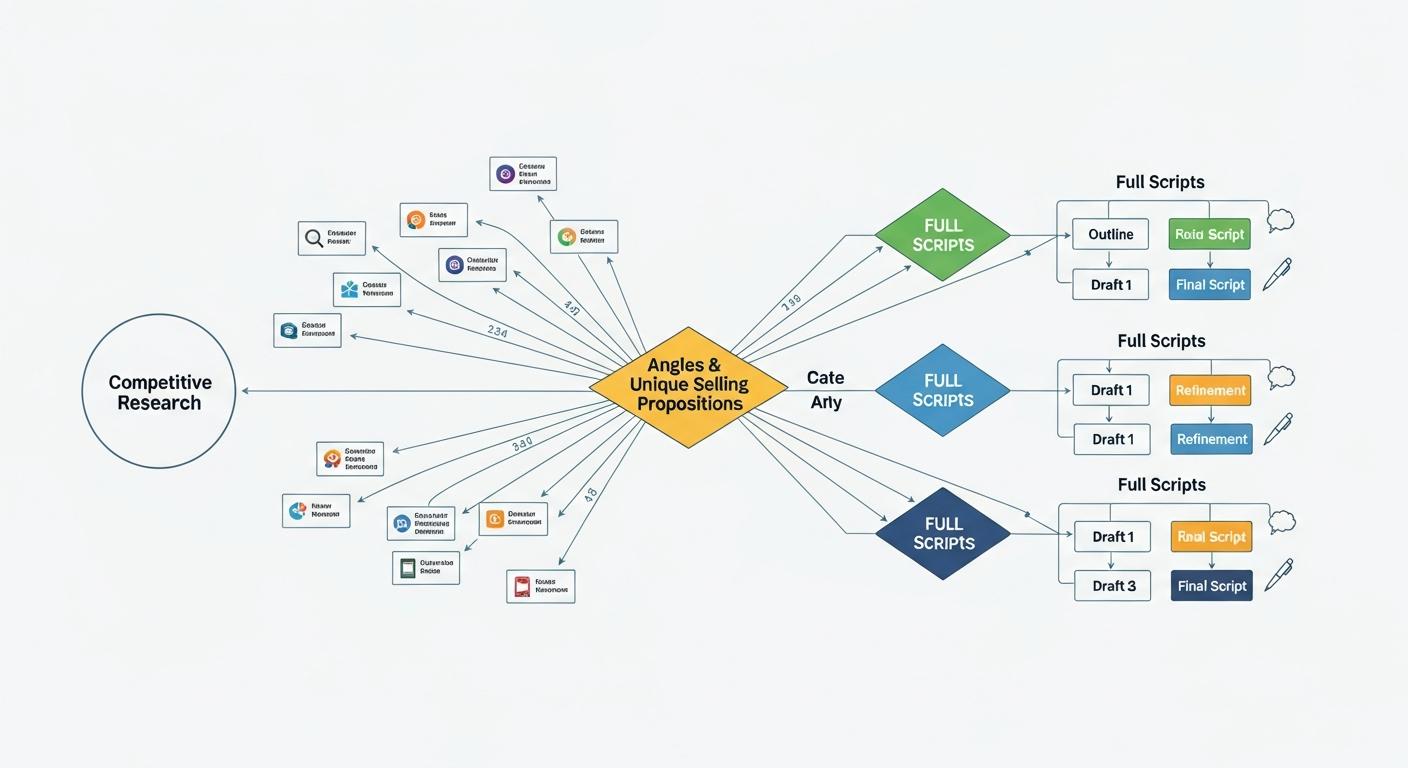 Generate an image based on: "תרשים שמראה איך Claude Code Plugin עובר ממחקר מתחרים לזוויות ולתסריטים מלאים."