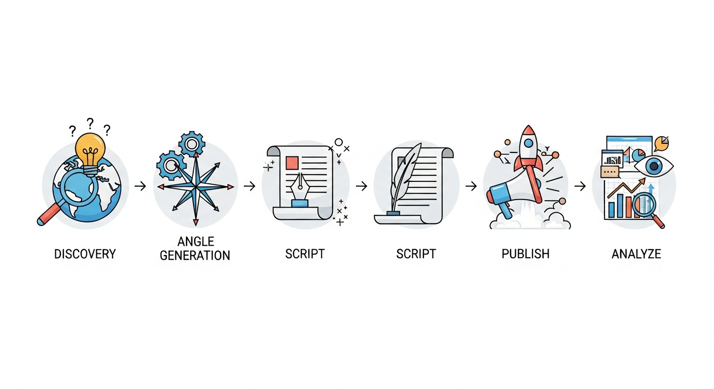 Generate an image based on: "אילוסטרציה של שלבי העבודה: Discovery, Angle Generation, Script, Publish, Analyze."