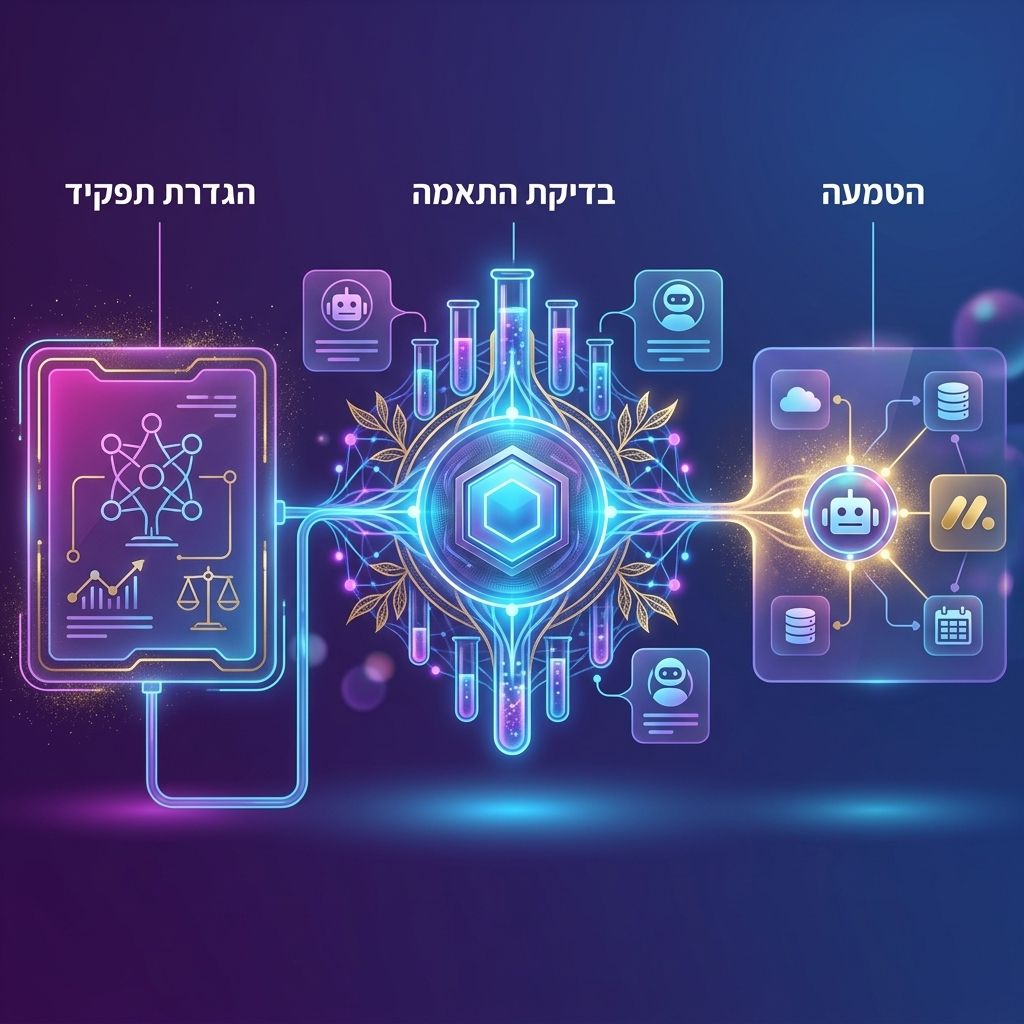 תרשים של שלושה שלבים: הגדרת תפקיד, בדיקת התאמה, והטמעה של סוכן AI בארגון