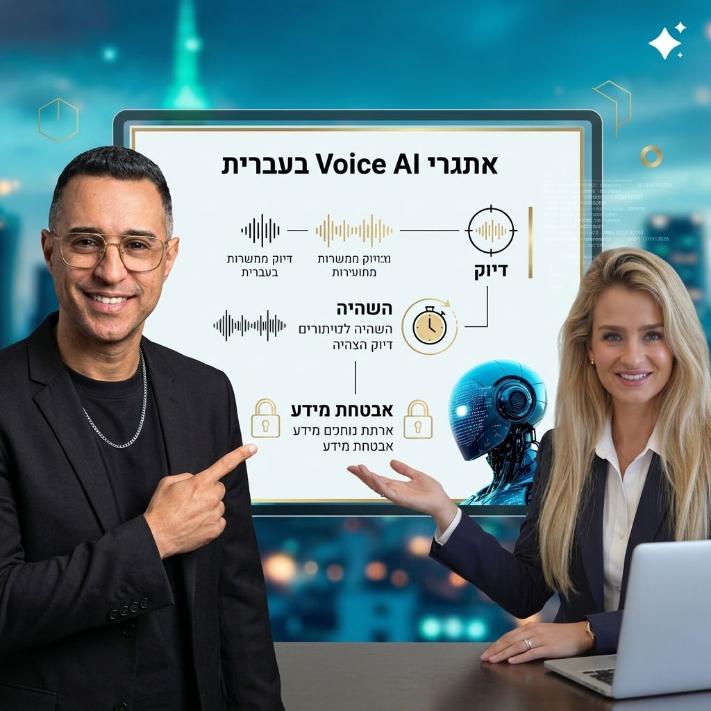 דיאגרמה של אתגרי Voice AI בעברית עם דיוק, השהיה ואבטחת מידע