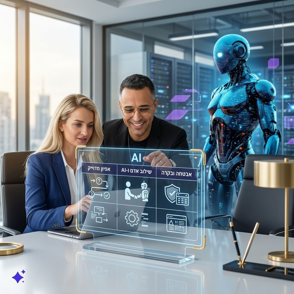 טבלה חזותית המשווה בין אפיון, שילוב אדם ו-AI, ואבטחה בארגון