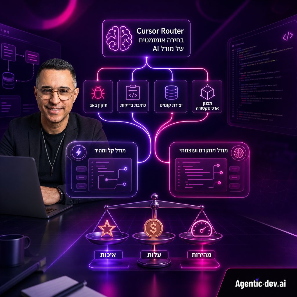 An elegant developer workspace showing Cursor Router automatically directing coding tasks to different AI models based on complexity, quality, cost, and speed